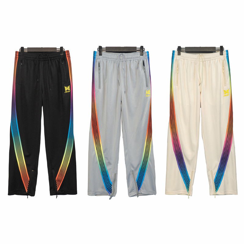 

2022 New AWGE Needles Pants Rocky Pants Hip Hop Butterfly embroidery Color stripe Track Sweatpants Japan Casual jogger Trousers 3 style, Beige