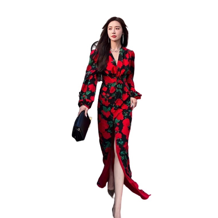 

23 Early Spring Midnight Rose V-Neck Fishtail Open Air Sexy Long Sleeve Premium Dress, Customize
