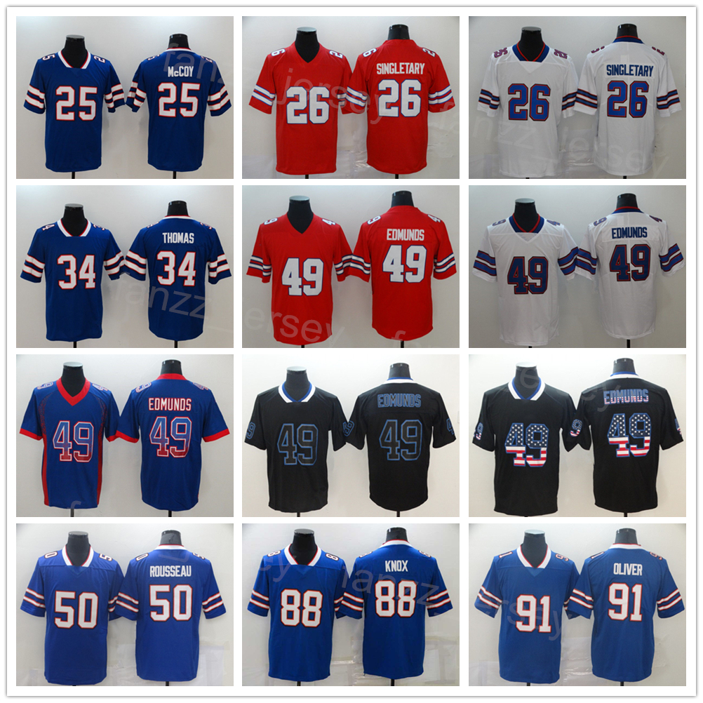 

Men Football 26 Devin Singletary Jersey 25 LeSean McCoy 49 Tremaine Edmunds 88 Dawson Knox 34 Thurman Thomas 91 Ed Oliver 50 Gregory Rousseau Shadow Flag Drift Team, Blue