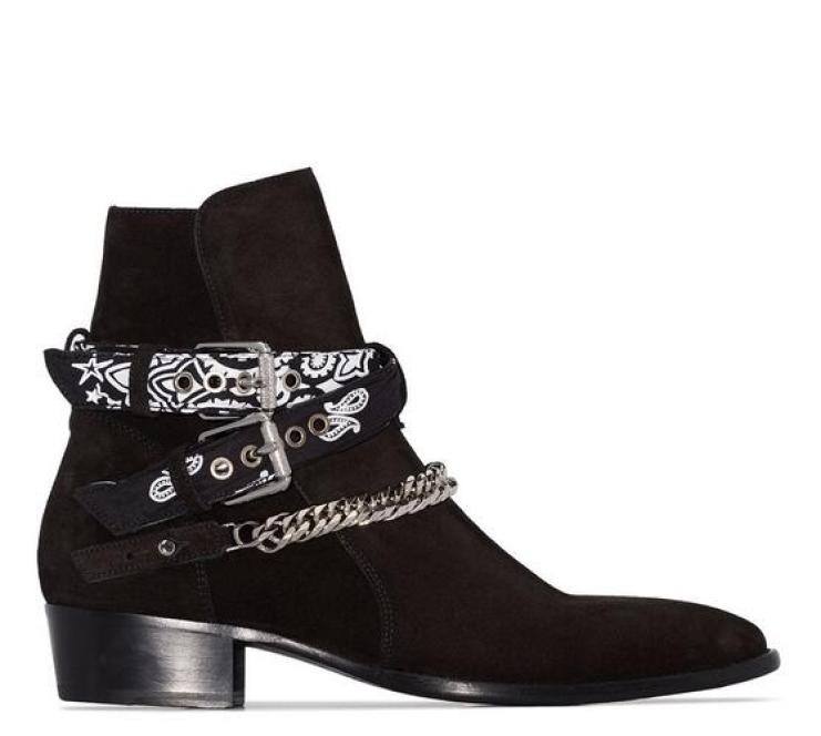 

Brand New Man Ami Ri Bandana Strap Buckled Ankle Boots Black Leather Suede Multiple Bandana Print Sidebuckled Straps Shoes1444401