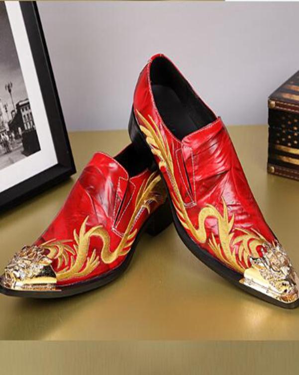 

New Red Wedding Shoes Men Oxfords Fashion Gold Dragon Embroidery Zapatos Hombre Genuine Leather Mens Dress Shoes Flats4002833