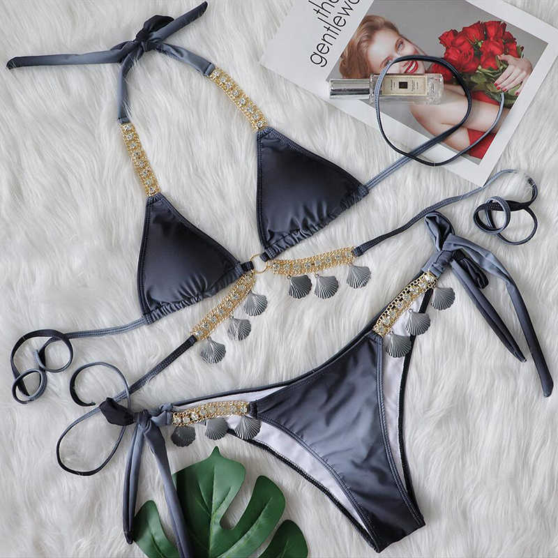 

Swim Wear 2022 Sexy Halter Metal Chains Wrap Around Diamond Bikini Women Swimsuit Female Swimwear Shell Bikini set Brazilian Bathing Suit T221208
