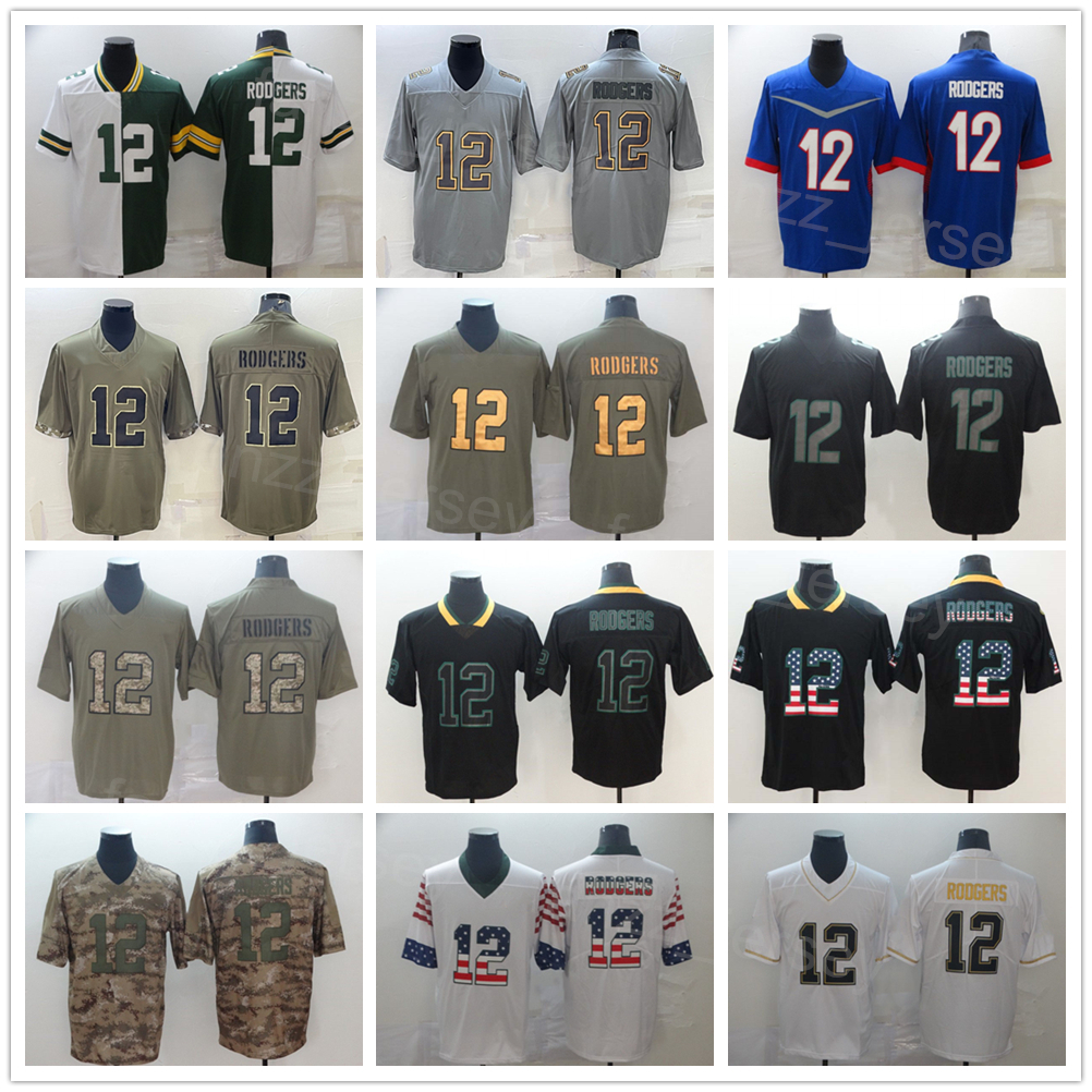 

Men Football 12 Aaron Rodgers Jerseys Color Rush Olive Salute To Service USMC Turn Back The Clock Hyphenation Shadow Flag Rainbow Leopard Grain Embroidery Team Sale, Green