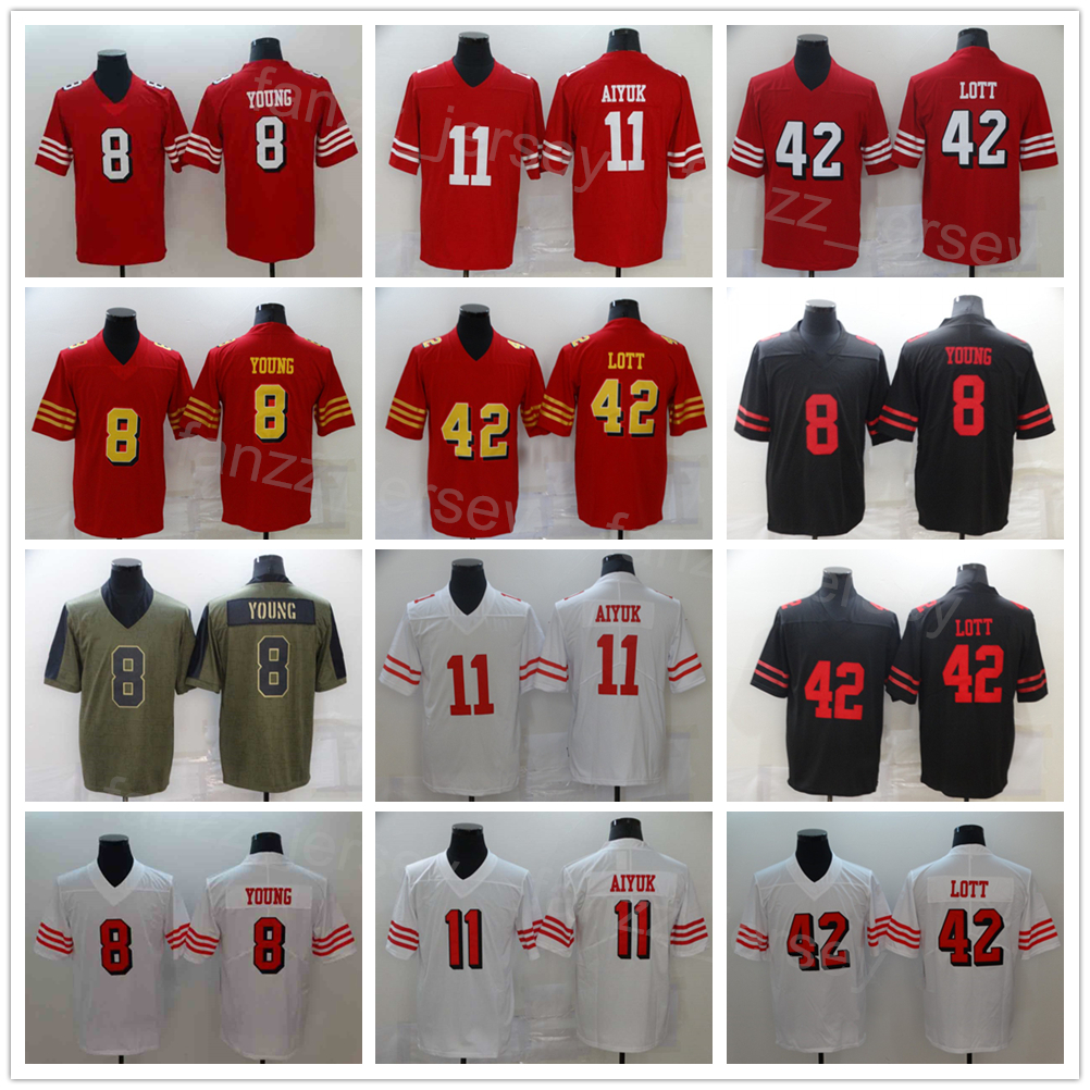 

Men Football 11 Brandon Aiyuk Jersey 8 Steve Young 42 Ronnie Lott Black Red White Army Green Team Color All Stitched Olive Salute To Service Breathable For Sport Fans