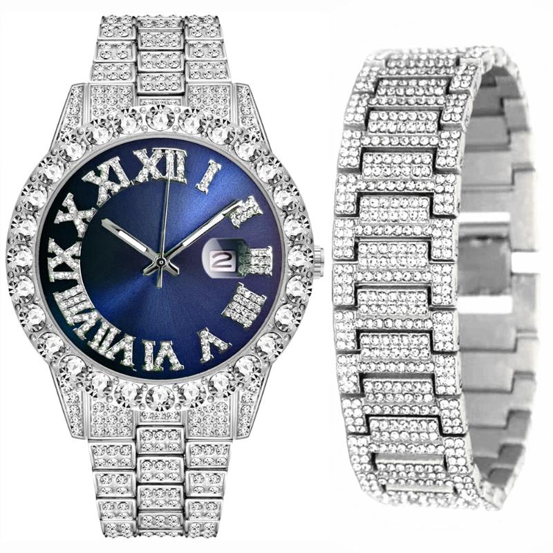 

Wristwatches Iced Out Chains Wide Bracelet Watch For Men Set Hip Hop Gold Diamond Luxury Mens Gift Religio Masculino, Mix green