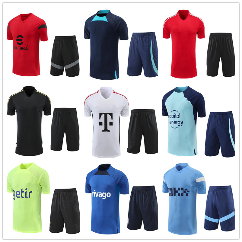 

Football Jersey Pre match Shirt 2022 soccer training suit tracksuit Men Short Sleeve Zip pocket Shorts