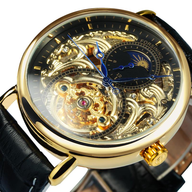 

Wristwatches Forsining Automatic Mechanical Watch For Men Tourbillon Skeleton 24mm Leather Strap Moon Phase Mens Reloj Hombre, Brown all golden