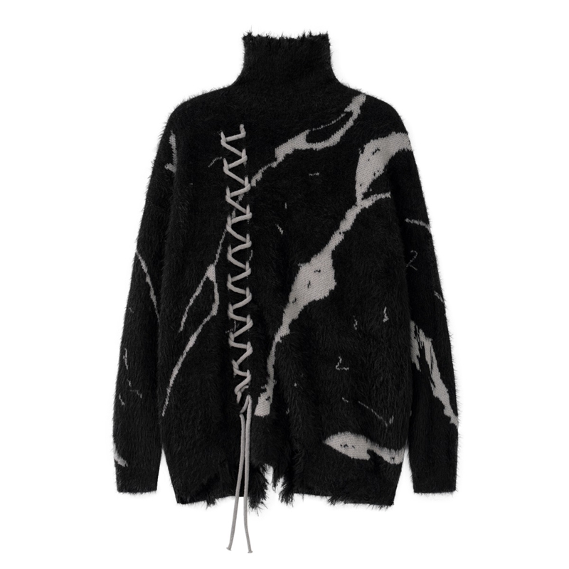 

Frayed High Neck Sweaters Men's High Street Casual Clothes Knitted Sweater, Black