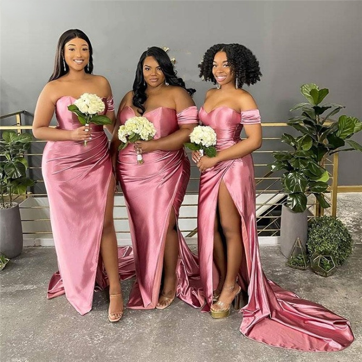 

Pink Bridesmaid Dresses Sweetheart Sleeveless Silk Satin Mermaid Wedding Sweep Train Party Bridesmaid Gowns With Zipper Back