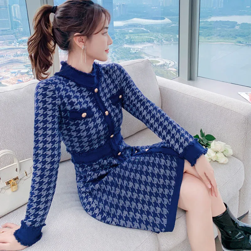 

2023 Women' long sleeve dress o-neck blue houndstooth plaid gird knitted bodycon tunic pencil vestidos