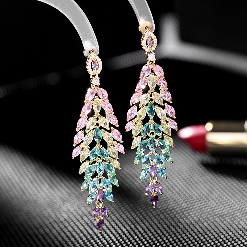 

New European Chandelier And N Vintage Tassel Earrings Garnished With Colorful Zircon Banquet Dress Accessories Leaf Earrings
