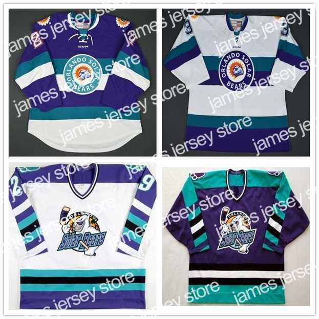 

College Hockey Wears Nik1 Cusotm Vintage ECHL Orlando Solar Bears 27 Eric Faille 29 David Bell 3 Carl Hockey Jersey Stitched embroidered Any Name Your Number, White your name+number