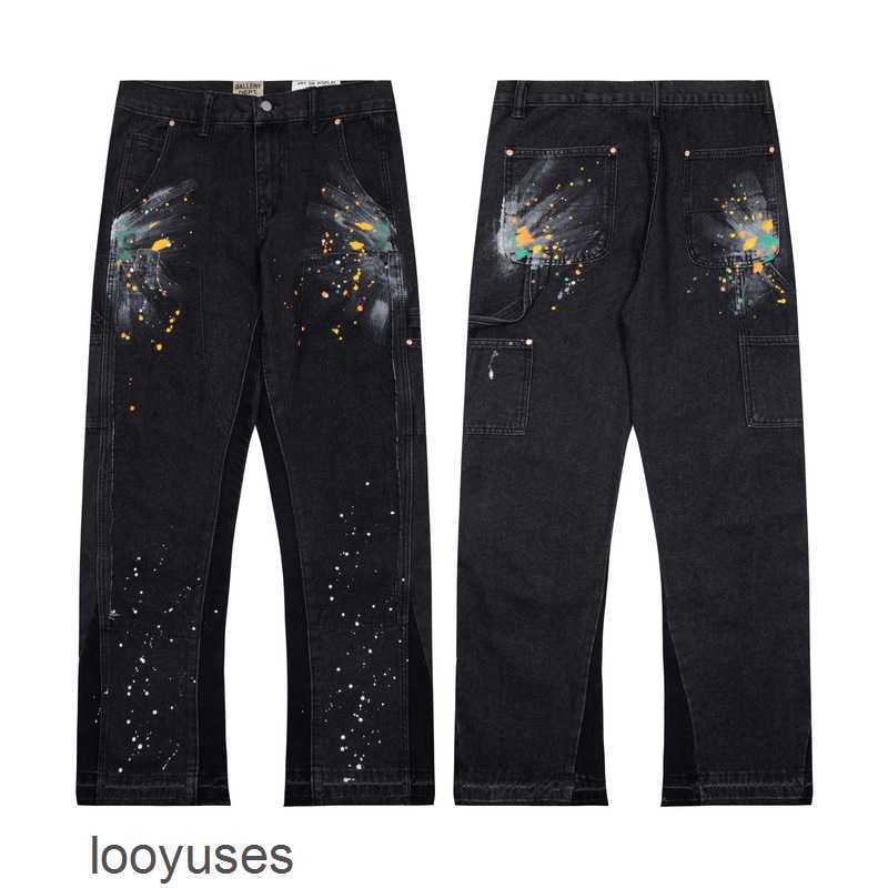 

Dept High 2023 Galleryes Streetwear Winter Mens Street Fashion Jeans Hand Painted Graffiti Speckle Print Men' Women' Jeans, Black