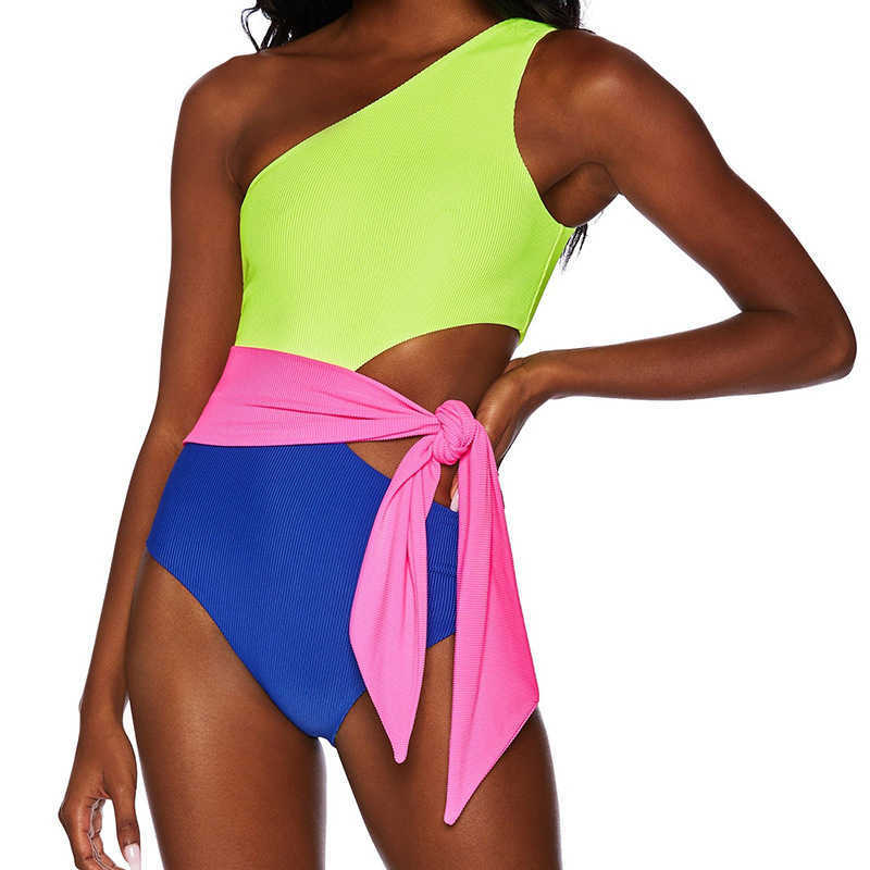

Swim Wear Fashion Women One Shoulder One-piece Bikini Summer Solid Hollow Out Patchwork Swimsuits High Waist Swimming Suits Beach Wear T221208