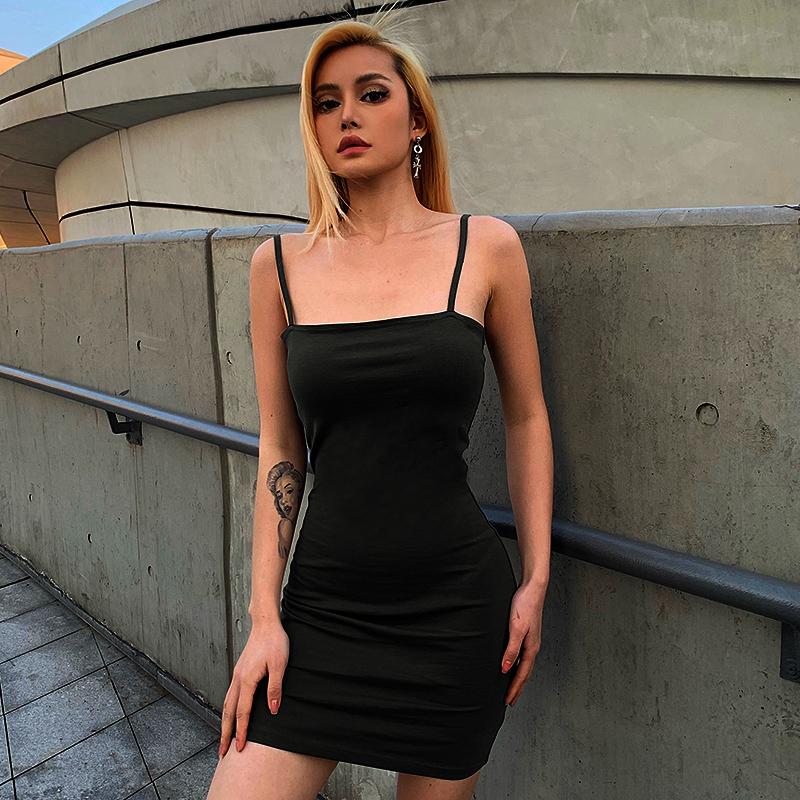 

Casual Dresses Women Sexy Party Black Mini Dress Bodycon Sleeveless Strap Club Woman Clothing Summer Clothes Vestido Drop