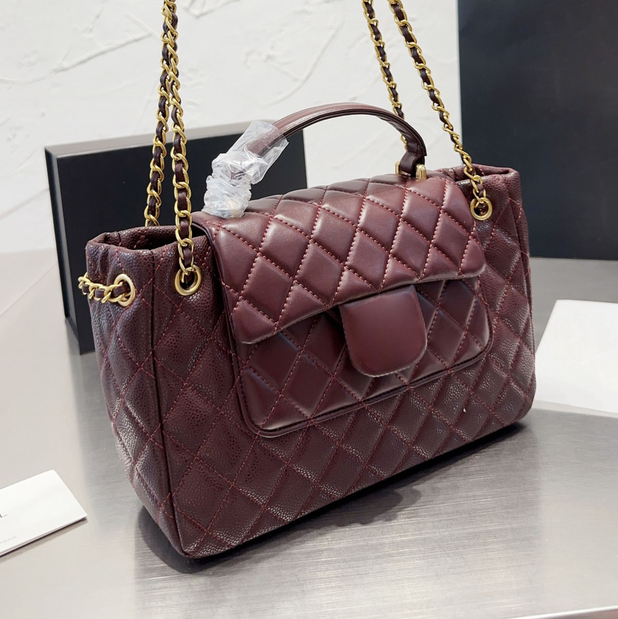 

Maxi Cowhide Totes Bags With Lambskin Flap Pouch Vintage Metal Hardware Top Handle Chain Crossbody Multi Pocket Large Capacity Outdoor Shoulder Sacoche 25x16CM, Black