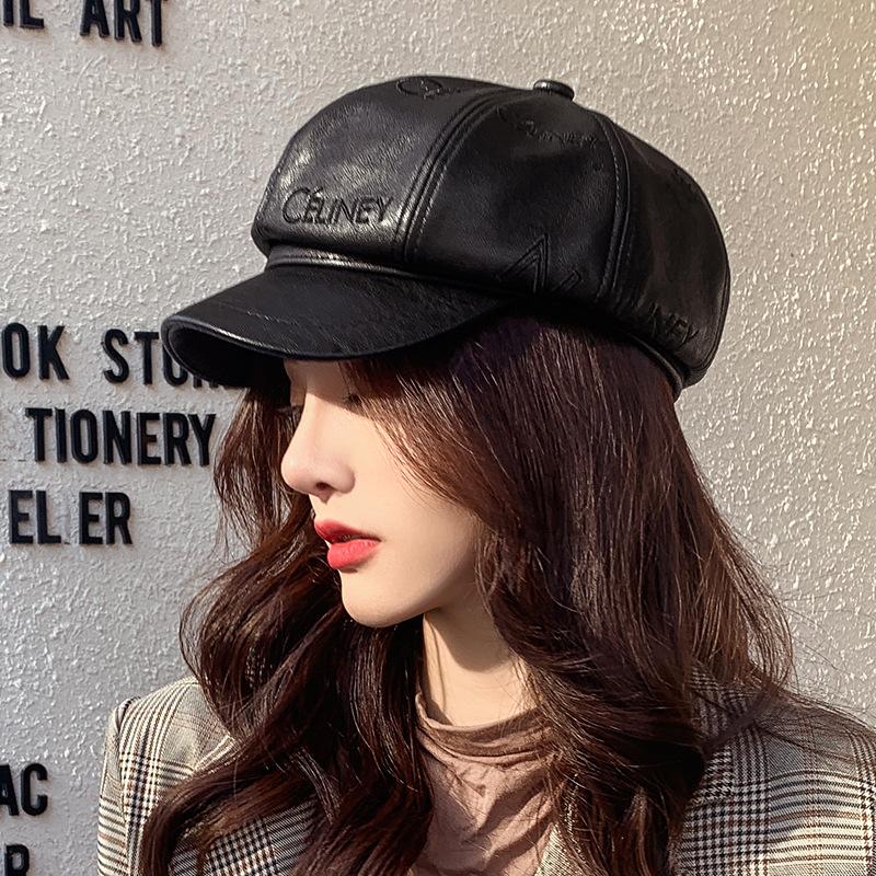 

Berets Autumn And Winter Korean Ladies Letter Embroidery Octagonal Baseball Cap Fashion Faux Leather Beret, Black