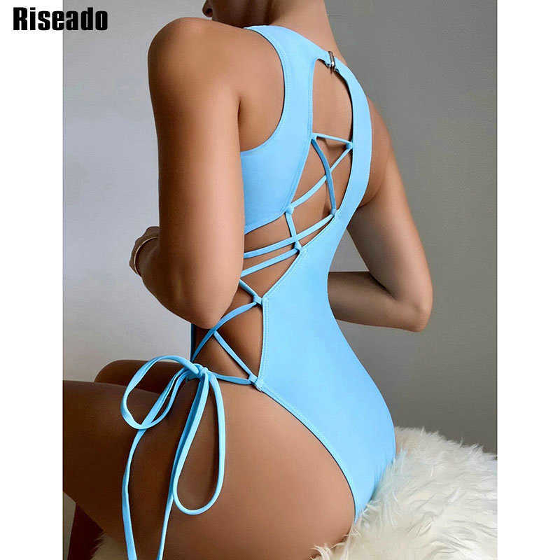 

Swim Wear Riseado Lace Up One Piece Swimsuit Women Swimwear 2022 Monokini Swimming Suit for Women Bathing Suit Sky Blue Beach Bath Suits T221208
