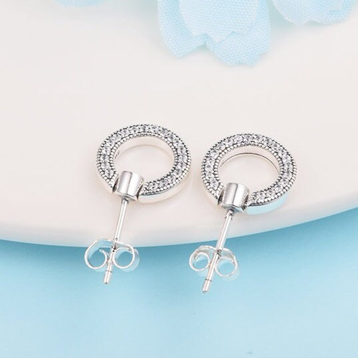 

925 Sterling Silver Stud Pave & Logo Circle Reversible Earrings Fits European Pandora Style Jewelry Fashion Earrings