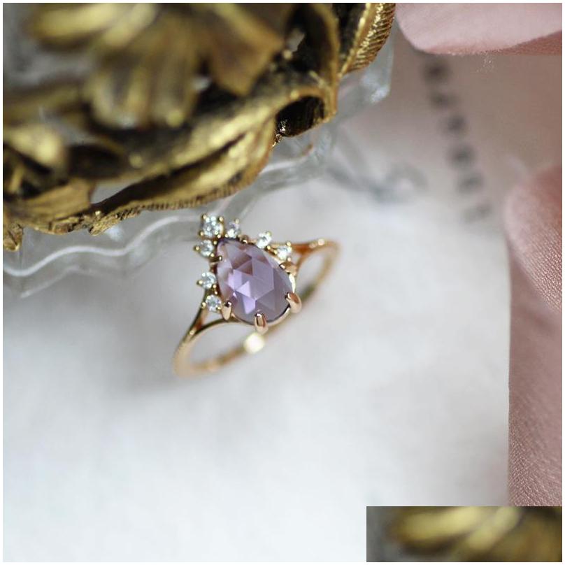 

Solitaire Ring Amethyst 925 Ring Diamond Crystal Plated Gold Wedding Engagement Rings Water Drop Shape Jewelry For Women 5964 Q2 Deli Dhzwt