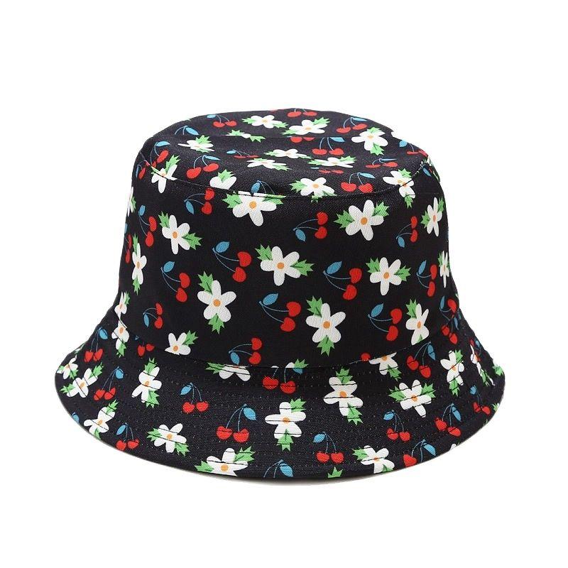 

Berets Cotton Cherry Print Bucket Hat Fisherman Outdoor Travel Sun Cap Hats For Men And Women 390, Black