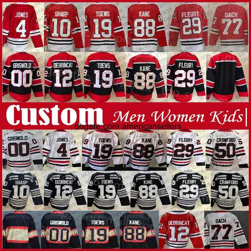 

88 Patrick Kane Custom Men Women Kid Hockey Jersey 29 Marc-Andre Fleury 19 Jonathan Toews Alex DeBrincat Kirby Dach Seth Jones, Shown