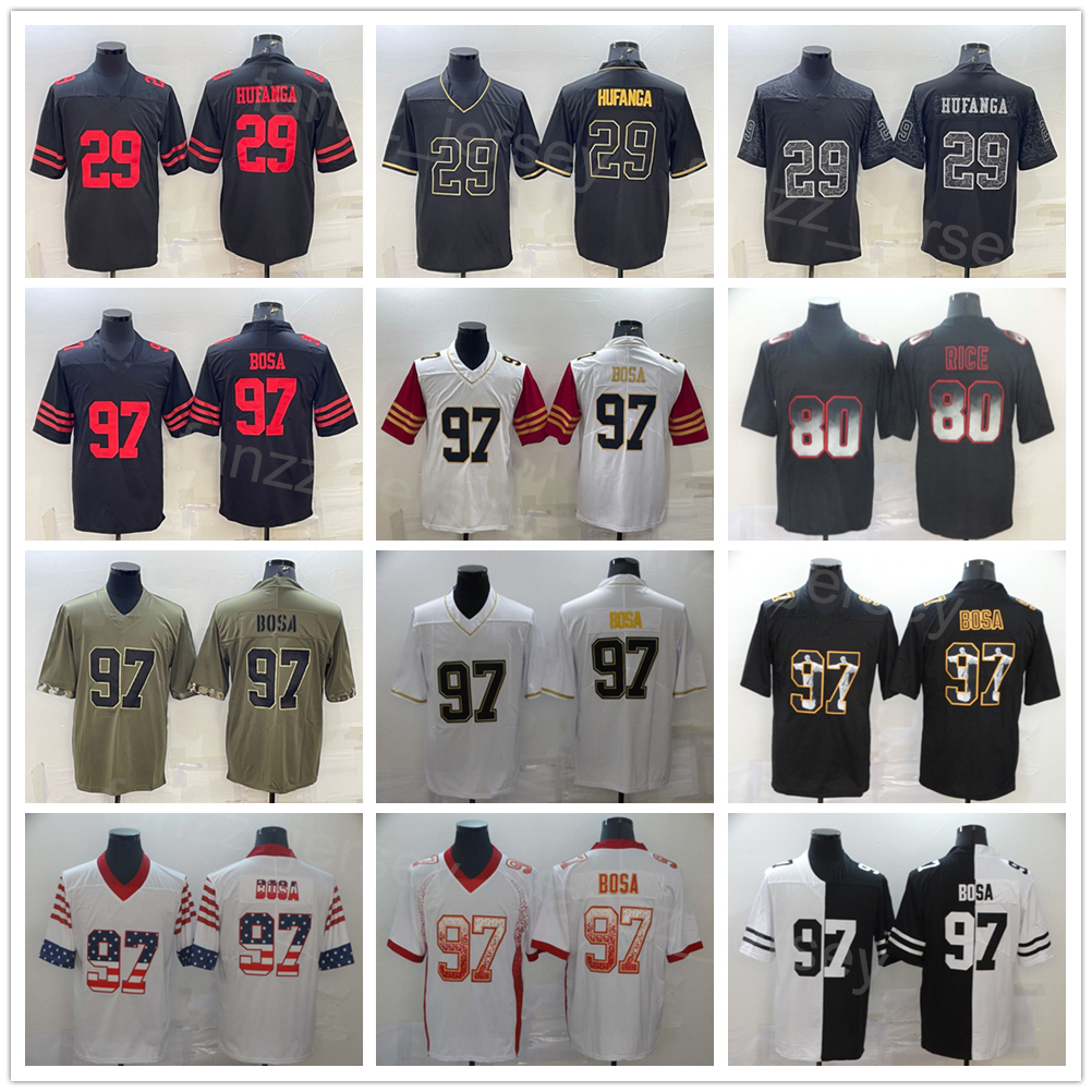 

Men Football 97 Nick Bosa Jersey 29 Talanoa Hufanga Drift Smoke Rainbow Flag Hyphenation Army Green Salute to Service Black White Blue Color Embroidery And Sewing
