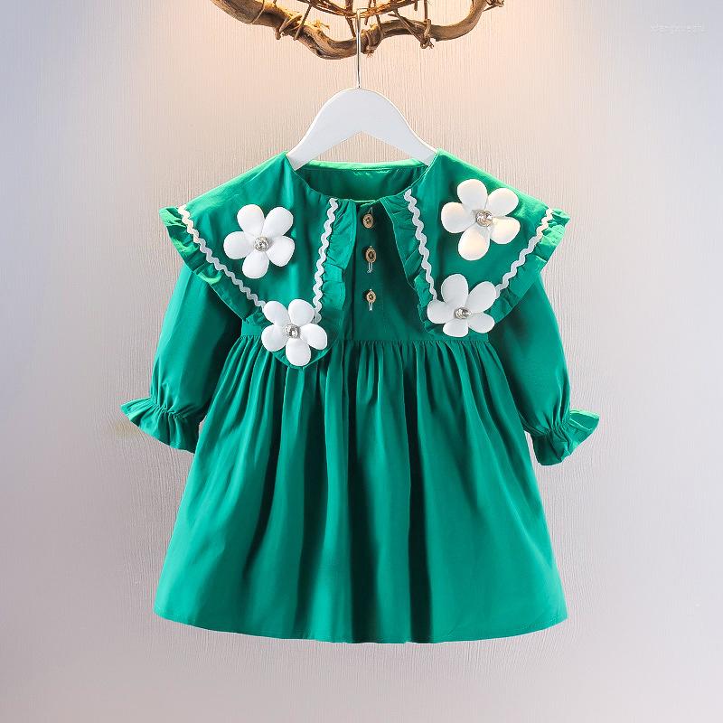 

Girl Dresses Toddler Baby Dress 2023 Spring Sweet Flower Long Sleeve Princess Kid Clothes Solid A-line Skirt Vestido 0-3Y, Green