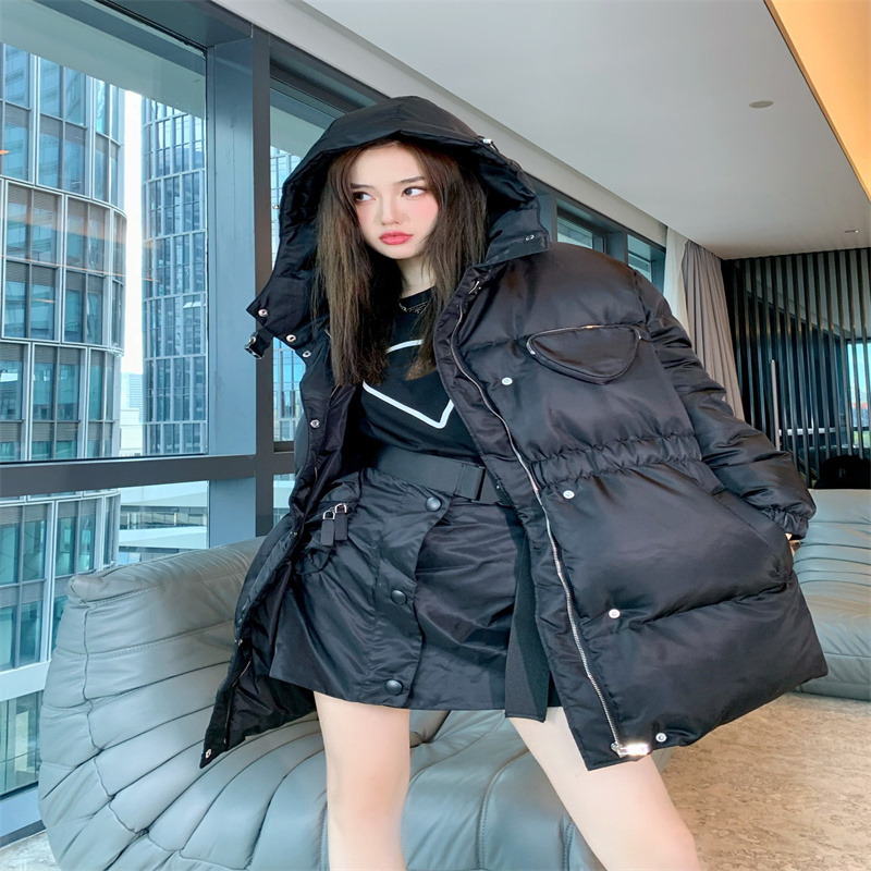 

Women Cotton Coats Causal Simple Parkas Faddish Style Pure Black with Elastic Belt Decorated with Pockets and Metal Pleated Winter