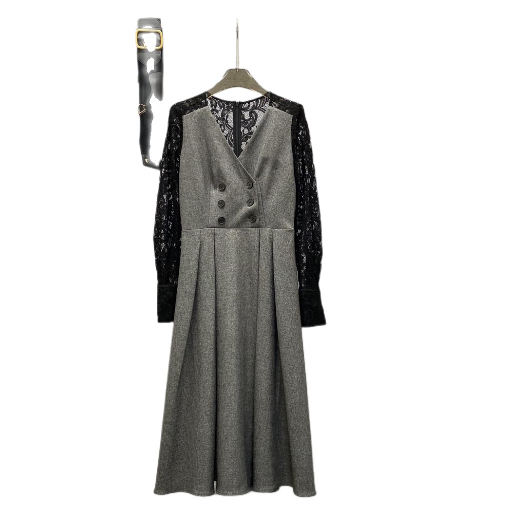

Temperament new suit splicing lace V-neck waist closing dress, Gray