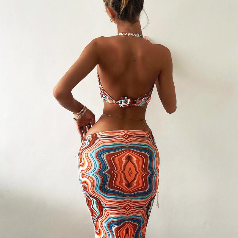 

Work Dresses Lygens 2022 Summer Women Tie Dye Print 2 Pieces Cross Halter Tanks Drawstring Ruched Midi Skirt Set Streetwear Party ClubWork, Blue