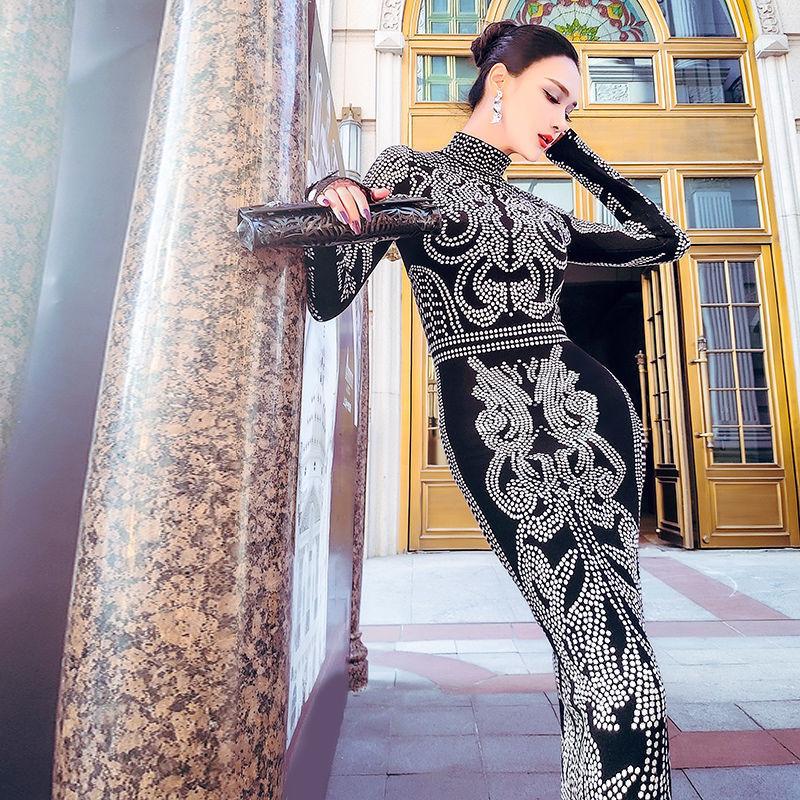 

Casual Dresses Autumn And Winter 2022 Small High Collar Print Dress Slim Elegant Feminine Medium Length Skirt, Black