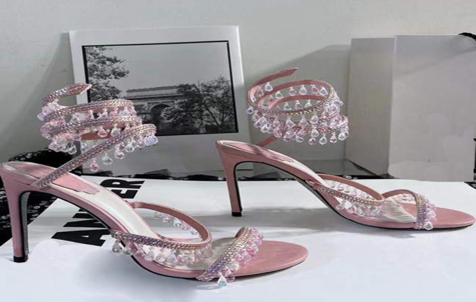 

Rene caovilla Sandals Luxury Designer Crystal Light Pendant twining foot ring high heeled womens shoes Top quality narrow band Rhi4888884, Gold 5cm