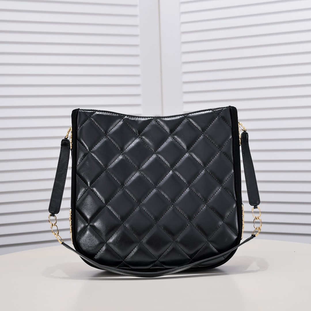 

7A Designer Bag Hippie Handbag Genuine Leather Tote Diamond Lattice Gold Letter Chain Handle, Black