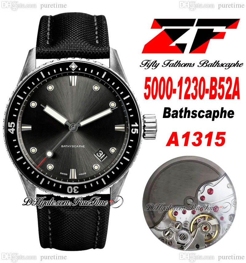 

ZF Fifty Fathoms Bathyscaphe A1315 Automatic Mens Watch 5000-1230-B52A Steel Case Meteor Gray Dial Super Edition Black Sail-Canvas Strap 50 Fathoms Puretime A06a1