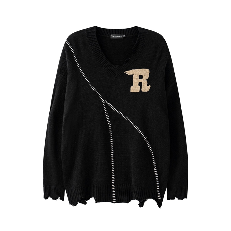 

Letter Striped Frayed Crew Neck Woolen Sweater High Street Casual Men's Sweaters