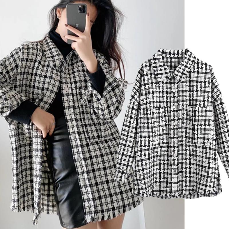 

Women' Blouses & Shirts Elmsk Jacket Women Coat Tops England Style Vintage Plaid Oversize Boyfriend Blouse Long Shirt Tweed