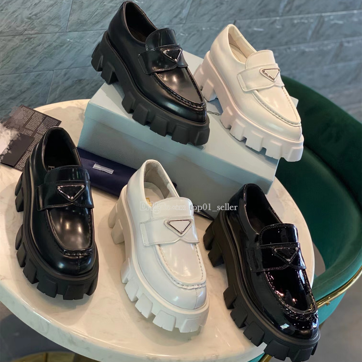 

Casual Shoes Designer Monolith Soft Cowhide pradas woman Loafers Rubber Platform Sneakers withe Black Shiny Leather Slipper Thick Chunky Round Head Bottom Shoe