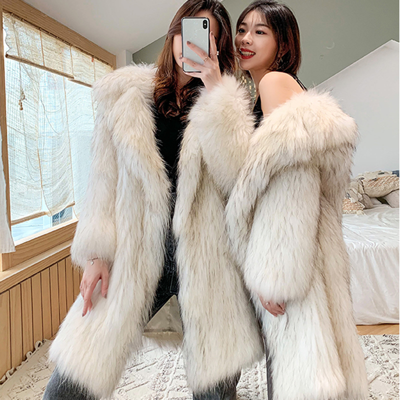 

Women s Leather Faux Winter fur imitation coat women s long warm raccoon large size leisure windbreaker 221208, White