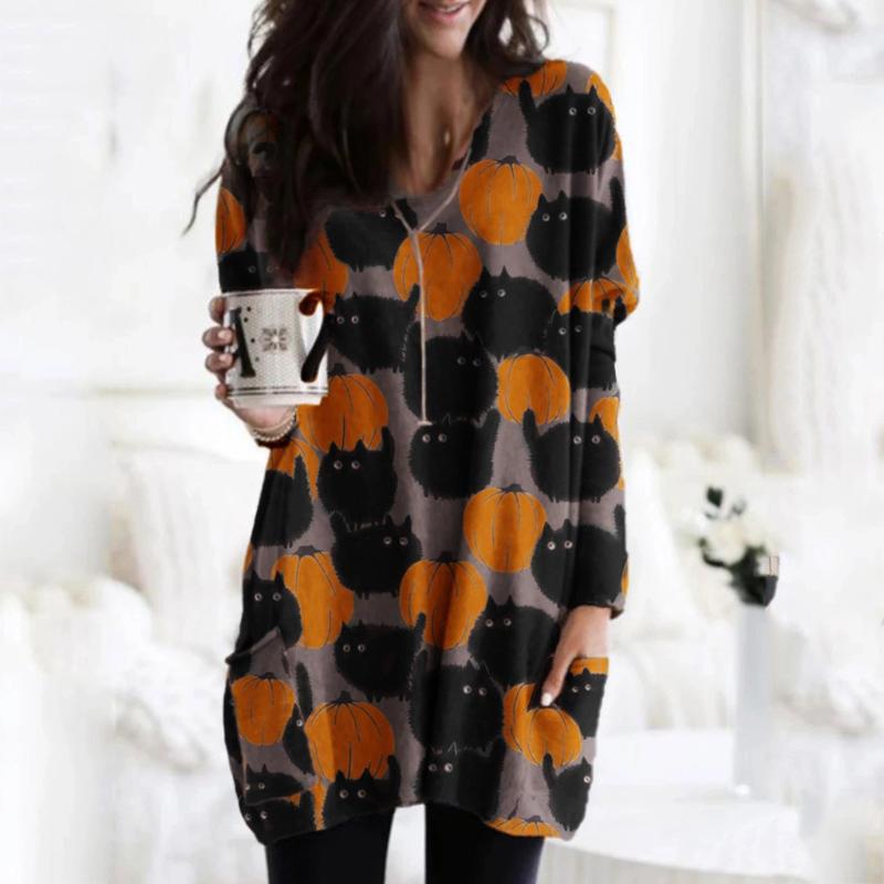 

Women' Blouses & Shirts Women Halloween Blouse Lantern Ghost Pumpkin Shirt Face Costume Long Sleeves Tops Casual Camisas #T2G, Black