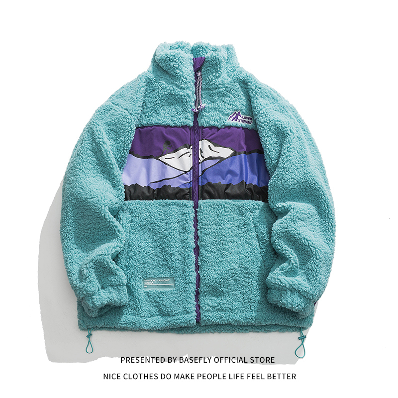 

Men's Down Parkas Chic Winter Thick Warm Patchwork Lambswool Sheep Fur Like Men Bomber Jacket Unisex Women Baseball Coat High Streetwear Couple, Sky blue