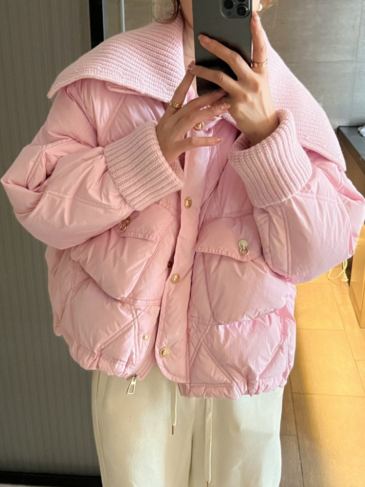 

Women's Down Parkas Ailegogo Autumn Winter Knitted Turn Collar White Duck Coat Casual Female Loose Warm Short Outwear 221208, Sky blue