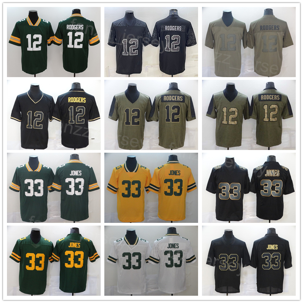 

Men Football 33 Aaron Jones Jersey 12 Aaron Rodgers Army Green Salute To Service Turn Back The Clock Color Rush Hyphenation Smoke Stitched Team Black Yellow White