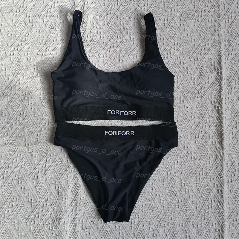 

Letters Webbing Women Swimwear Black High Rise Bikinis Summer Holiday Split Swimsuits Padded Beach Tankinis, Black with label