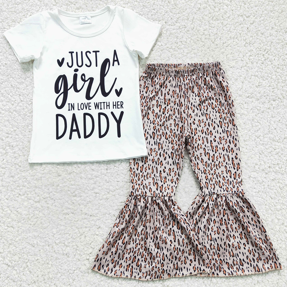 

Fashion Baby Girls Clothes Set Kids Short Sleeve Leopard Bell Bottom Outfits Just A Girl In Love With Her Daddy Boutique Children Clothing Outfit, Lemon yellow