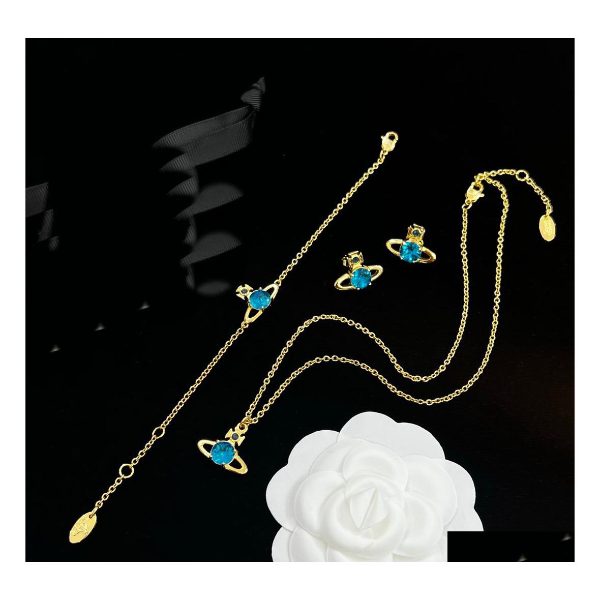 

Bracelet Earrings Necklace Luxurious Designer Jewelry Sets Ladies Gold Necklaces Ear Studs Bracelet Earring Blue Crystal Diamonds Dhjio, White