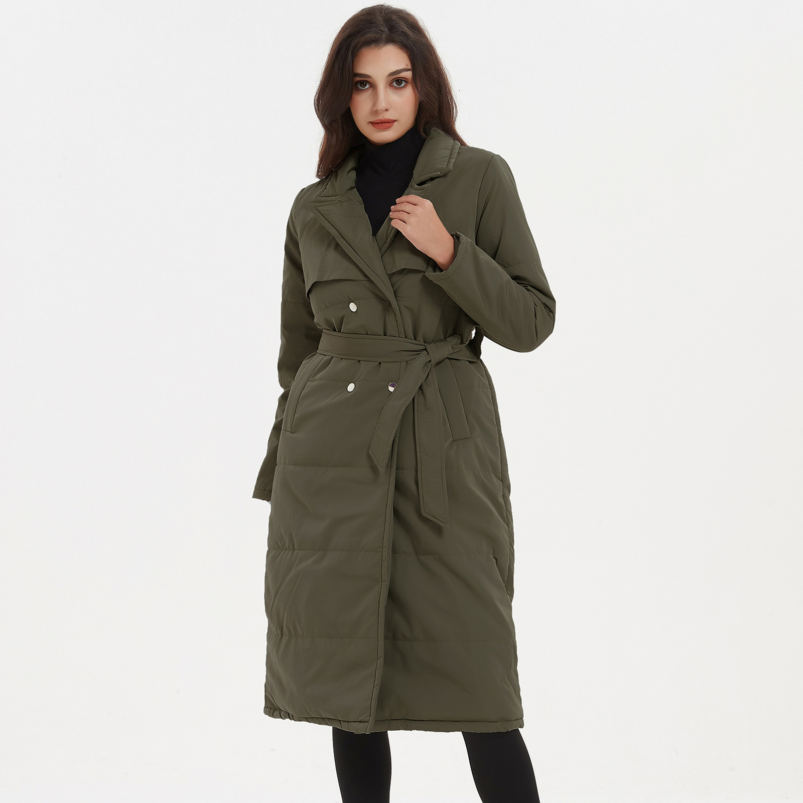 

Women  Down Parkas Malina Long Turn Collar Fashion Double Breasted Coats Elegant Tie Belt Cotton Jackets Female Ladies 221208, Khaki