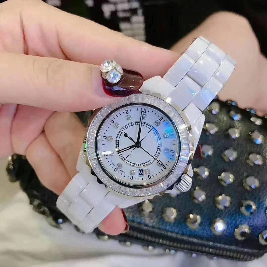 Hot Black colour Ceramic Lady wristwatches mens All diamond white women 38mm 33mm watches Luxury quartz Montre de Lux
