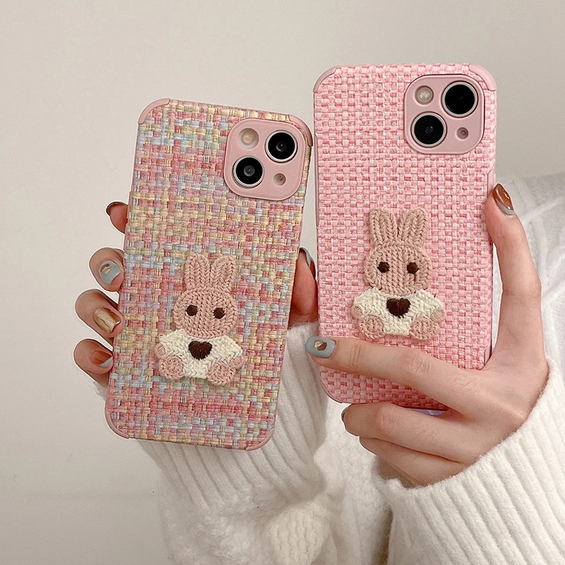

Korean Cartoon 3D cases Plush Bunny Weave Lattice Soft Case For iPhone 14 Pro Max 13 12 11 X XS XR 7 8 Plus SE3 MiNi Silicone Cover