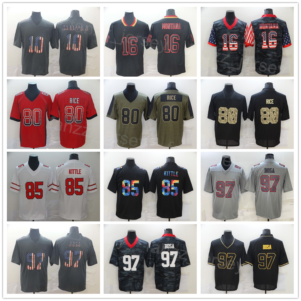

Men Football 16 Joe Montana Jersey 19 Deebo Samuel 10 Jimmy Garoppolo 85 George Kittle 97 Nick Bosa Rainbow Leopard Grain Flag Shadow All Stitched Black White Red Grey